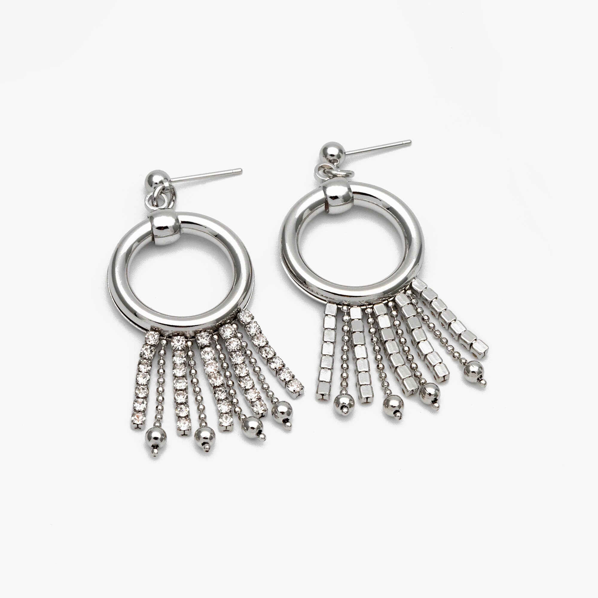 4pcs Gold/ Silver tone Circle Hoop Tassel Earrings 54x22mm, 18K Gold/ Rhodium plated Brass Dangling Stud Earring (GB-4300)